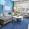 a living room with blue walls