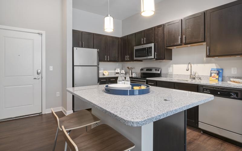 a kitchen with black cabinets